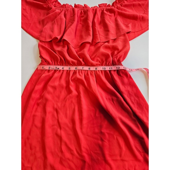 Express Off The Shoulder Dress Womens Small Red Ruffle Elastic Waist Mini Dress - Picture 2 of 5